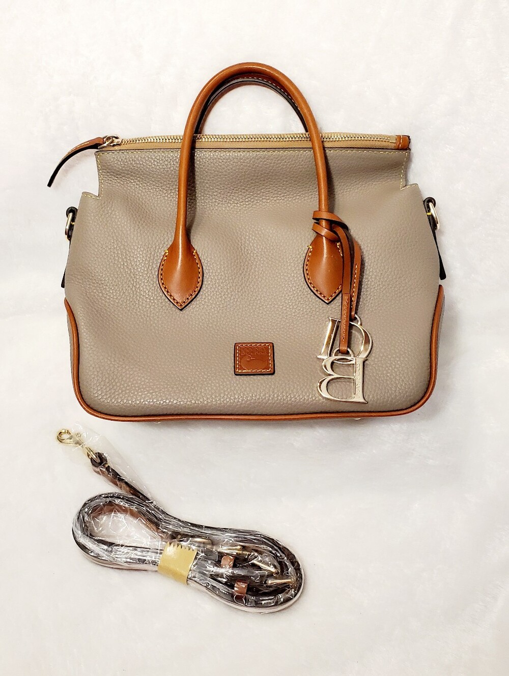 Dooney & Bourke Taupe Pebbled Leather Satchel with Tan Trim and Gold Hardware